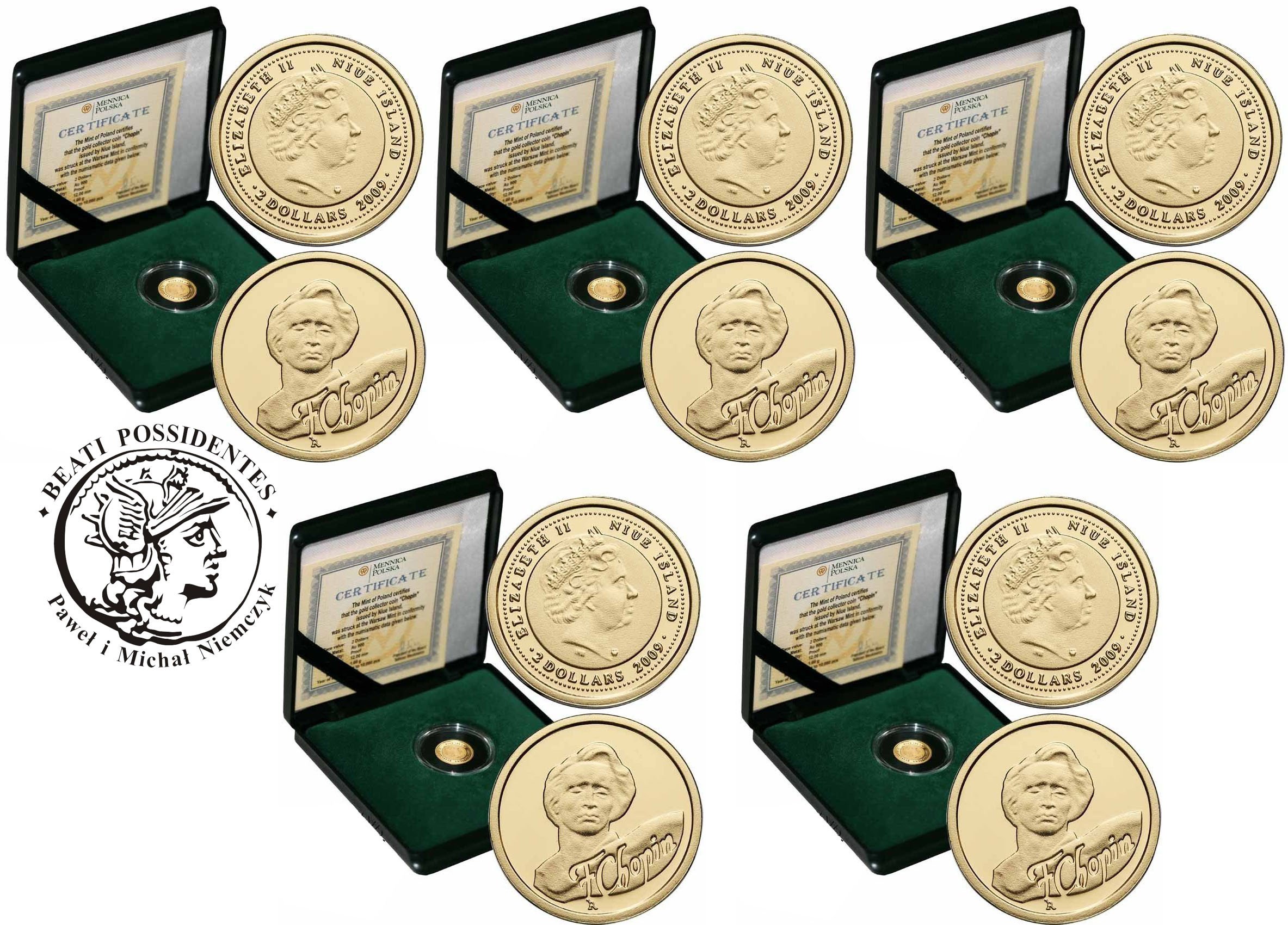 Niue 2 dolary Fryderyk Chopin 2009 - zestaw 5 sztuk st.L
